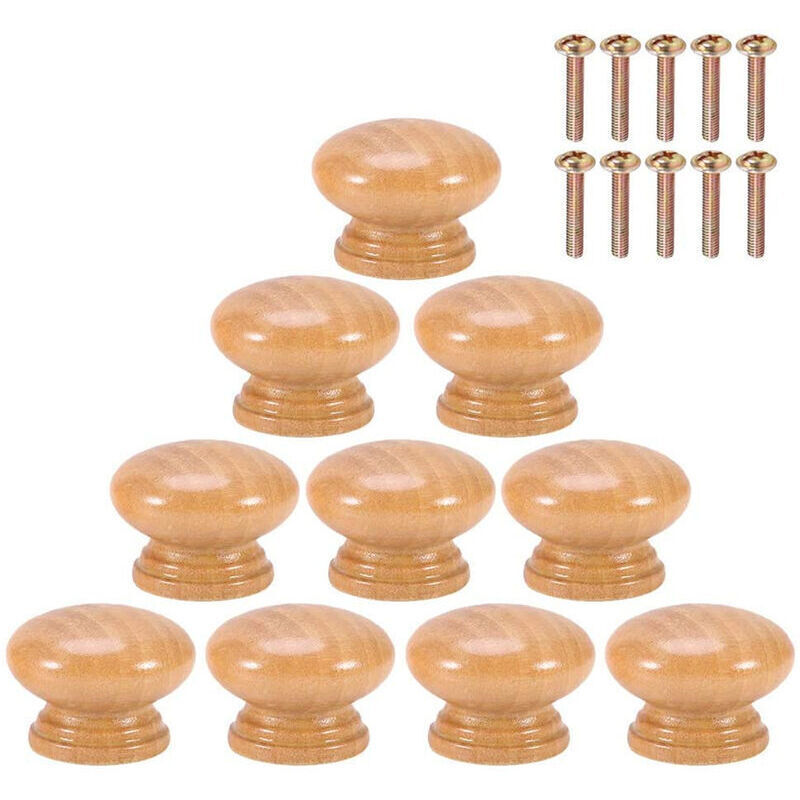 10 Boutons de Meuble Ronds en Bois de 24mm - Poignées Monotrou pour Armoire, Tiroir - Avec Vis