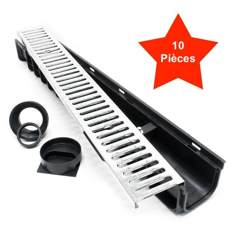 Le Poisson Qui Jardine - 10 Caniveaux 1 mètre avec grille de protection galvanisée max. 1,5 tonne. - Noir