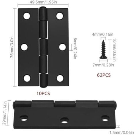 10 Cerniere per porte nere - 75 mm (3 pollici) Cerniere per ante di armadi con 60 viti nere Cerniere per porte interne per mobili di casa Cerniere per porte in legno