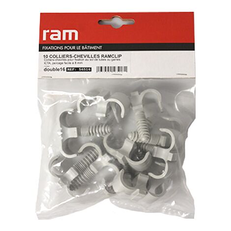10 colliers chevilles RAMCLIP double gris pour tube nu Ø12 à 16 - RAM