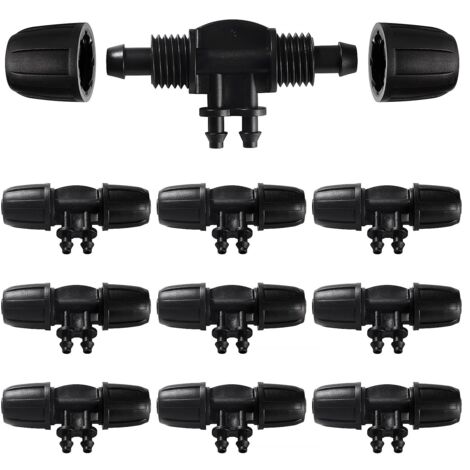 10 conectores de manguera en forma de T con púas, conector de manguera de riego de 4 vías para tuberías de 8/12 mm a 4/7 mm, conector de riego por goteo de 4 vías para jardín y césped.