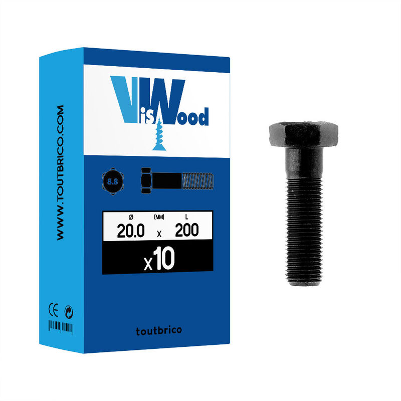 10 corps de boulon tête hexa 20x200mm brut Viswood