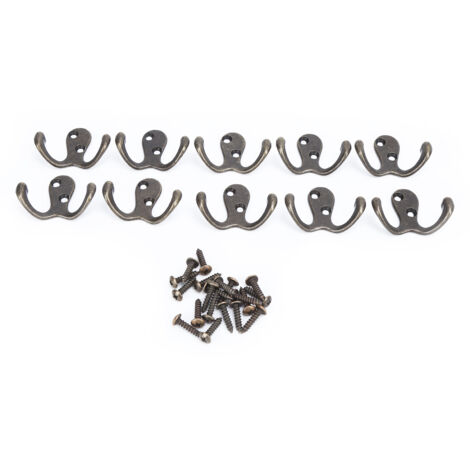 10 Crochets Mural Double Pointe Antirouille pour Vêtements, Manteaux et Clés - Finition Laiton Antique, 10 Pièces
