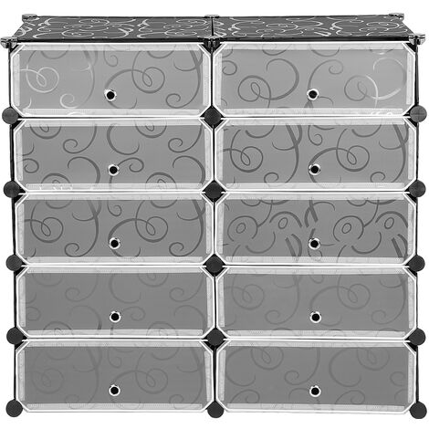 10 Cube Scarpiera Organizzatore modulare fai da te Armadio di stoccaggio in plastica con porte in bianco e nero - Argento