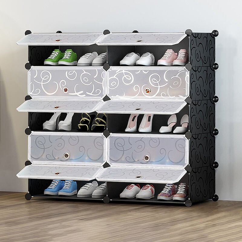 10 Cube Shoe Cabinet Diy Modular Organizer Shoe Rack Plastic Storage Cabinet With Doors Black And White Hj102561 Hap