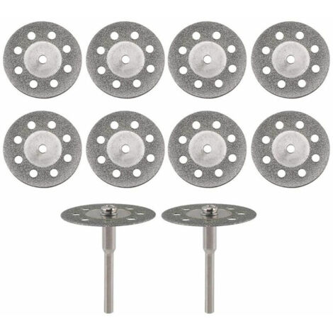 10 dischi da taglio diamantati diametro 22 mm con 2 mandrini da 3 mm sostitutivi per utensili rotanti Dremel, modello: argento