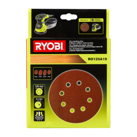 Feuille abrasive pour ponceuse excentrique Ryobi diamètre 125mm Grain 100, 120, 240 et 320 RO125A10 x 10