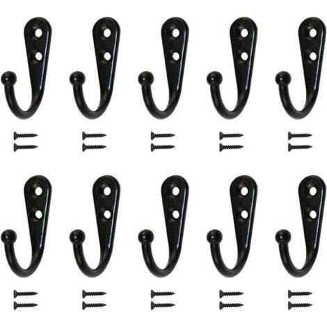 10 einfache schwarze Wandhaken, ausgestattet mit Befestigungsschrauben.