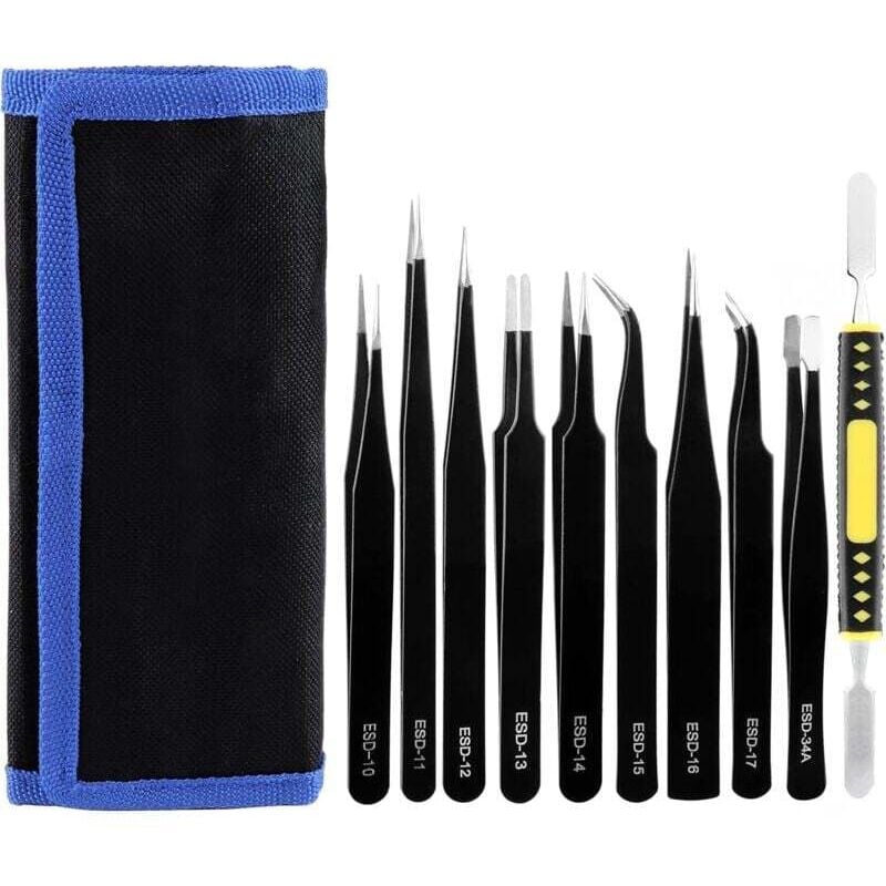 Image of 10 ESD-Präzisionspinzetten, antistatisch, aus Edelstahl für alle Arten von Reparaturen.
