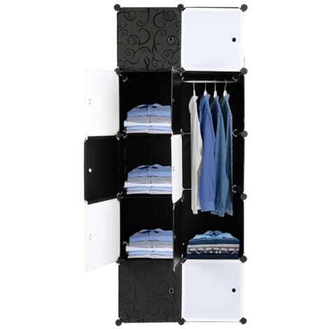 10 étagères de rangement empilables en plastique pour organisateur de cubes, armoire de placard modulaire multifonctionnelle avec tige de suspension, noir et blanc