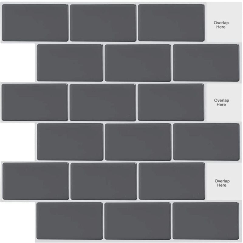 Memkey - 10 Feuilles Peel and Stick on Tiles Metro Subway Carrelage Mural Auto-Adhésif Gris Noir pour Cuisine Salle de Bains (12' x 12')
