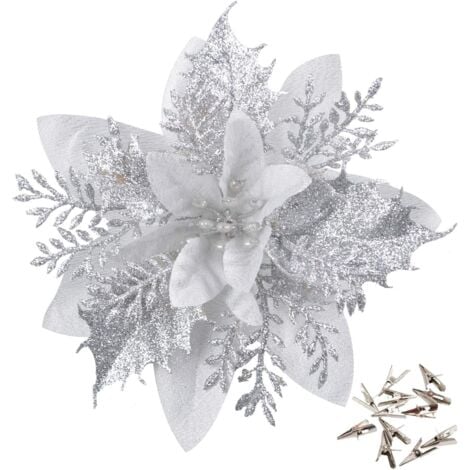 10 fiori di Natale glitterati (14 cm) con 10 stelle di Natale artificiali per albero di Natale, argento