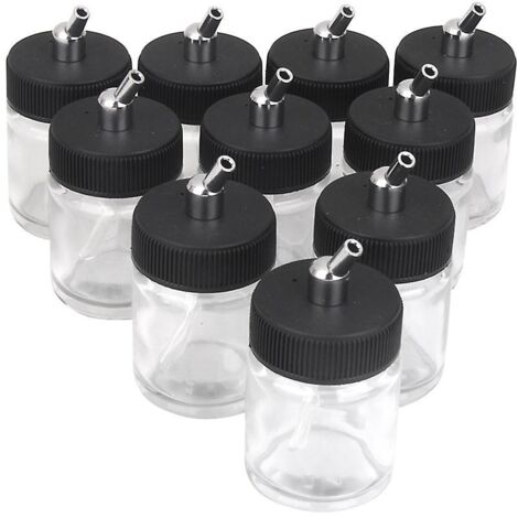 10 flacons aérographe de 22 cc, pot vide avec couvercle à ventouse et pompe.