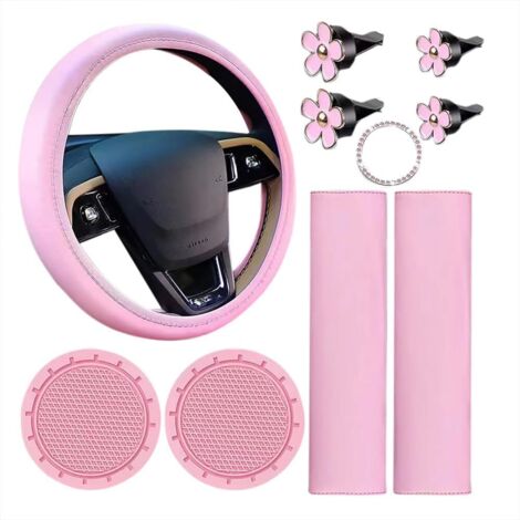 10 fundas de cuero rosa para volante, bonitas fundas para cinturón de seguridad y portavasos.