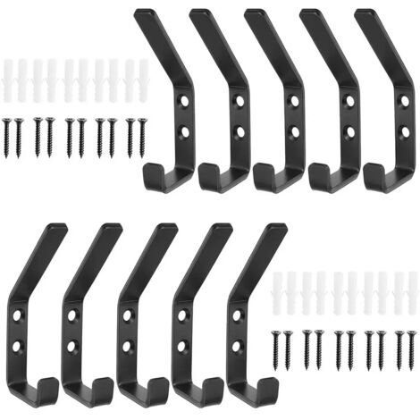 10 ganchos negros para abrigos con puntas de goma y tornillos, perchero de pared apto para dormitorios, cocinas y baños.