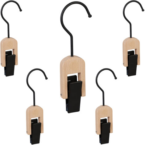 10 Ganchos para Botas, Engomados, Perchas con Clip, Pañuelos y Gorros, Madera y Hierro, Negro/Natural