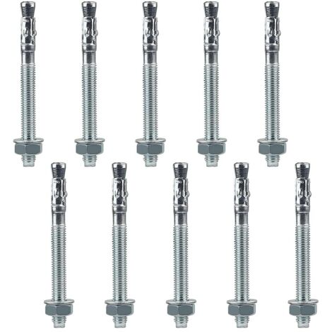 10 Goujon D'Ancrage M10, Acier Carbone Galvanisé 90mm, Pour Béton Maçonnerie, Fixation Lourde Bâtiment