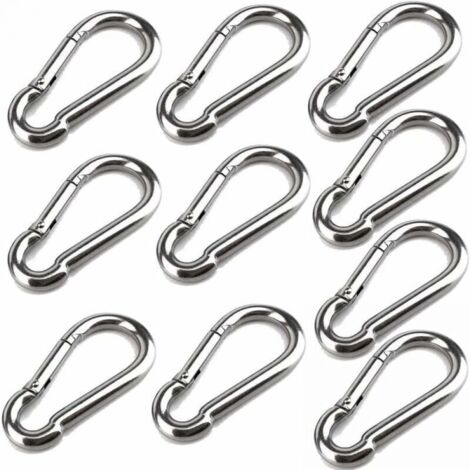 10 Karabinerhaken, 40 mm x 4 mm, Edelstahl 304, mit Schnapphaken, Tragfähigkeit bis ca. 80 kg.