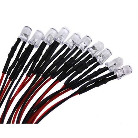 10 LED da 5 mm, 12 Volt, luce bianca calda (3000 K) con cavo di collegamento da 20 cm e preresistenza integrata.