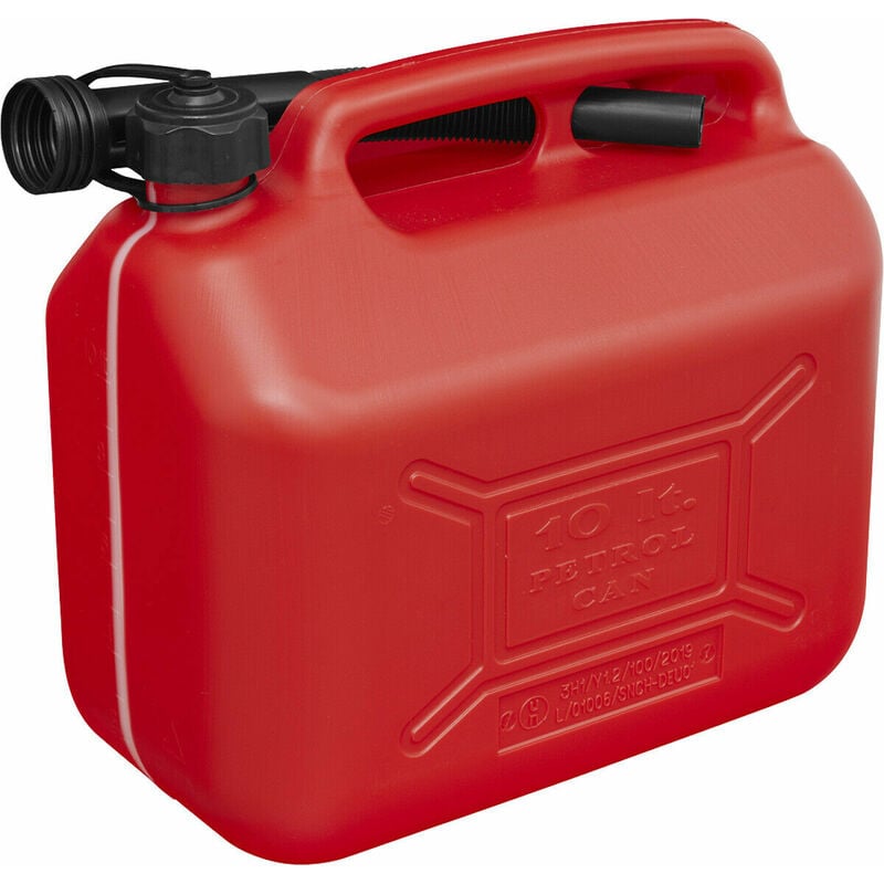 Image of 10 Litre Plastic Fuel Can - Safety Screw Lock Cap - Flexible Spout - Red