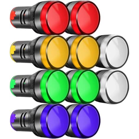 10 luces indicadoras LED de 22 mm, 220-380 V CA, para montaje en panel (rojo, verde, azul, ámbar y blanco, 2 unidades de cada color)