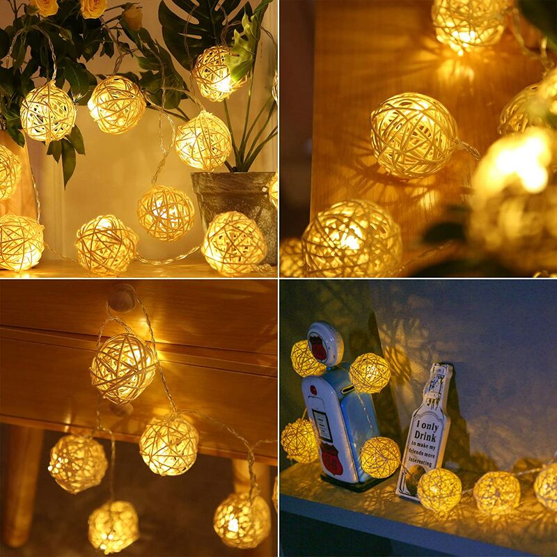 

10 luces LED de cadena de bolas de ratán con pilas, luz navideña con control remoto y temporizador, luces decorativas de interior para bodas en el