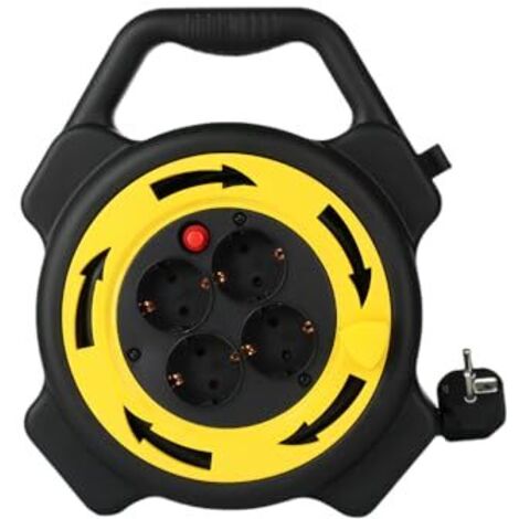 10 m extension cable with 4 Schuko sockets, 3000 W, 16 A cable reel, overload and overheating protection, 1.5 mm² H05VV-F cable, with switches, portable, black and yellow