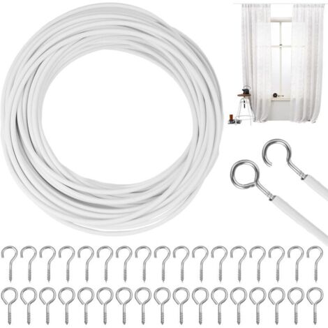 10 m Gardinenschnur – weißes PVC mit 25 Ösenbolzen und 25 Schraubhaken – rostbeständig für Holz- und Metallfenster