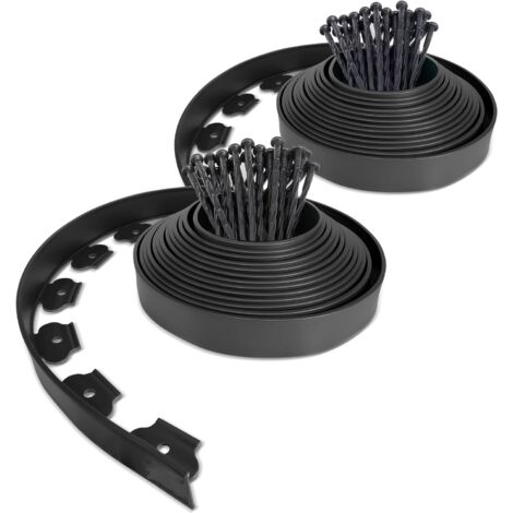 10 Meter Gartenkante aus Kunststoff mit 30 Heringen, flexible Rasenkante, Grasbegrenzung mit starken Heringen, Gartenidee, Höhe 50 mm, Schwarz
