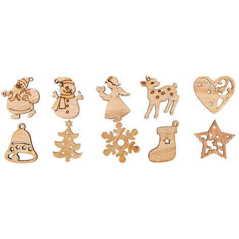 10 Mini-Weihnachtsdekorationen aus Holz: Weihnachtsmann, Schneemann, Rentier und Schneeflocken für den Weihnachtsbaum
