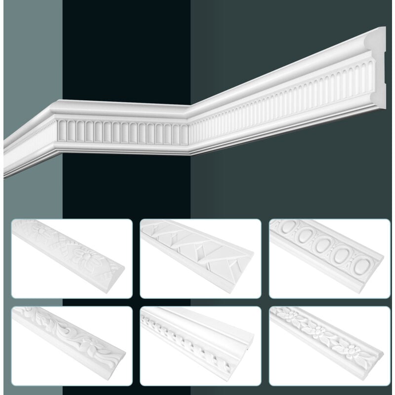 Hexim - grand decor moulures style baroque, mousse dure pu blanche - 2m à motifs: 10 Mètres / 5 Bandes, CR702 - 77x19mm