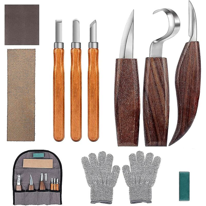Lucky-88 - 10 outils de sculpture sur bois, kit de sculpture sur bois avec 3 ciseaux à bois, 3 couteaux de sculpture sur bois, ensemble de couteaux
