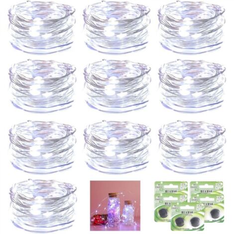 10 Pack 2M 20LED Guirlandes Lumineuses à Piles, Fil led lumineux de Cuivre Étanche pour Décoration Noël Chambre Mariage Soirée Maison Jardin(10 Piles Supplémentaires, Blanc Froid)
