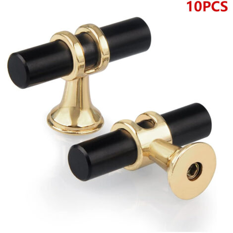 10 Pack Single Hole T Shape Drawer Knobs,Modern T Handle Cabinet Door Zinc Alloy Single Hole Knobs for Kitchen Furniture Wardrobe Closet Bedroom Screws Included,Black with Gold Base