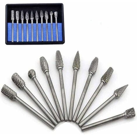 10 Pack Tungsten Carbide Rotary Burs with Grinding Head for Dremel Rotary Tools, Metal Drilling and Polishing