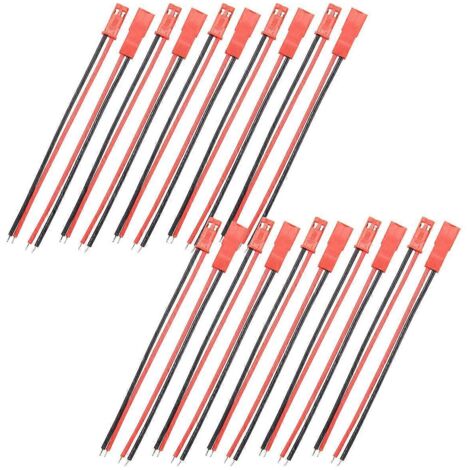10 paires de connecteurs JST 2 broches mâle vers femelle, câble de 110 mm, fil rouge et noir