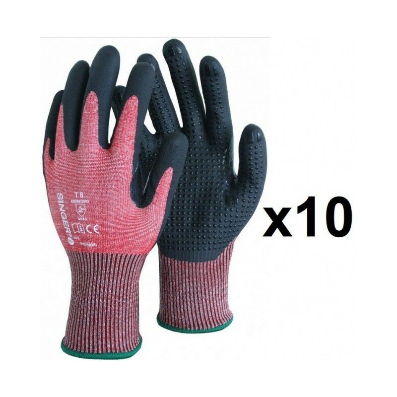 Singer - 10 paires de gants anticoupure polyéthylène pehd enduction nitrile picots PHD5RED Taille: 10
