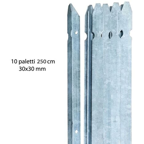 10 PZ Palo paletto in ferro a T 35x35x3,5 mm zincato a caldo in zinco per  rete recinzione metallica MADE IN ITALY (H 250 cm)