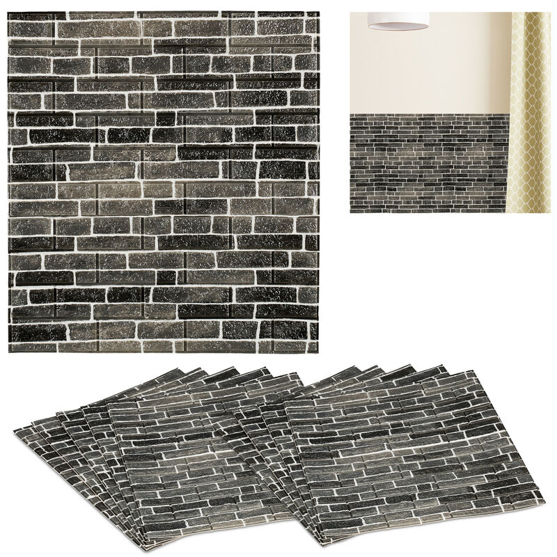 

10 Paneles Pared, Efecto Piedra, Autoadhesivos, Cortables a medida, 3D, 77 x 70 cm, Pegatinas Decoración, Antracita