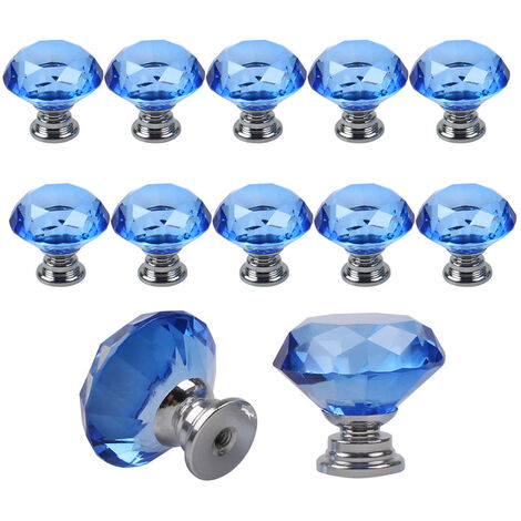 10 Pcs 30 mm Verre Placard Boutons de cristal forme de diamant Poignée de traction pour tiroirs Commode Armoire placards de cuisine,Bleu