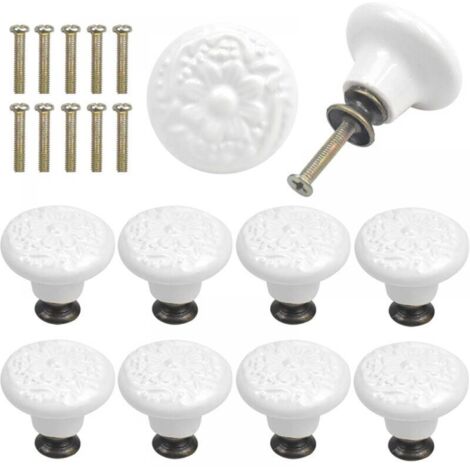 10 Pcs Blanc Boutons de Tiroir en Céramique Poignée Porte de Meuble Ronde Gravure Vintage avec Vis
