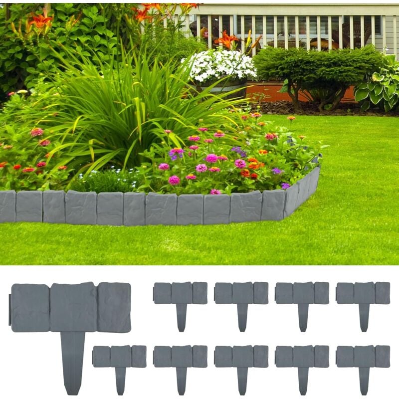 Largeight - 10 pcs Bordures de Jardin Bordure de Pelouse Bordure de Gazon Jardin Clôture Bordure Clôture Effet Pierre Gris Bords de Pelouse en