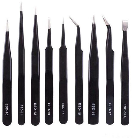 10 pcs Brucelles Anti-statique Pincettes ESD de Précision Entretien Outils Kit, pour Réparation Electronique, noir