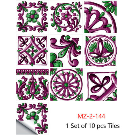 10 Pcs Carrelage Autocollants Cuisine et Salle De Bains Étanche PVC Décoration Murale Stickers Auto-Adhésif Mosaïque Décoration Rétro Style Architectural (20x20cm,Violet)