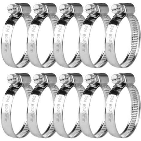 10 Pcs Collier de Serrage Tuyau Réglable 60-80 mm, Collier de Serrage en Acier Inoxydable, Colliers de Serrage à Vis Metallique, Boulons Collier Durite pour Tuyaux de Essence Diesel Piscine