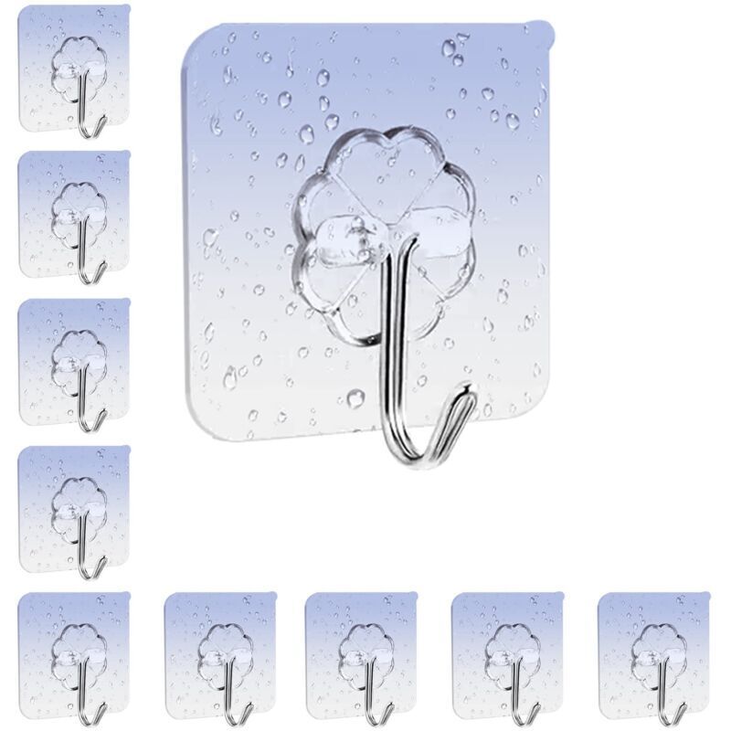 10 Pcs Crochet Adhesif Mural Charge Maximale 10kg, Crochets Adhesif imperméables, Accroche Serviette Salle de Bain Crochets Adhesifs Transparents