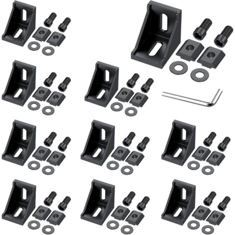 10 PCS D'angle En Alliage D'aluminium Noir, Équerres D'angle À 90 Degrés Pour Profilés 3030 3060, Avec Écrous En T, Vis, Rondelles Et Clé, Pour Le Montage De Structures Industrielles