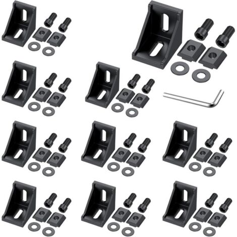 10 PCS D'angle En Alliage D'aluminium Noir, Équerres D'angle À 90 Degrés Pour Profilés 3030 3060, Avec Écrous En T, Vis, Rondelles Et Clé, Pour Le Montage De Structures Industrielles
