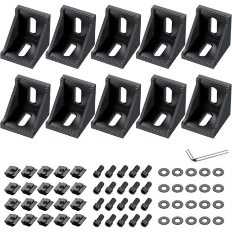 10 PCS d'angle en alliage d'aluminium noir, équerres d'angle à 90 degrés pour profilés 4040 4080, avec écrous en T, vis, rondelles et clé, pour le montage de structures industrielles