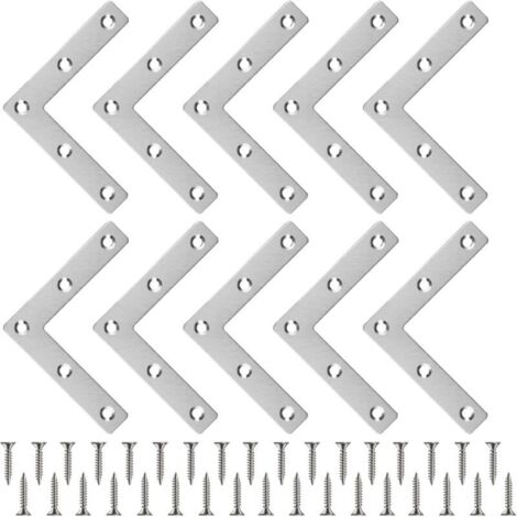 10 Pcs Equerre Plate Équerre Angle en Forme de L Connecteur Métallique Plat + 50 Vis Connecteurs d'Angle en Acier Inoxydable Equerre Fixation Plate 808015mm pour Fixation Meuble Menuisier Chais